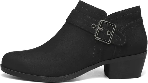Vista 3 de mysoft Botas de tobillo para mujer, tacón bajo y grueso, cómodas botas de punta redonda con cremallera lateral Ante negro