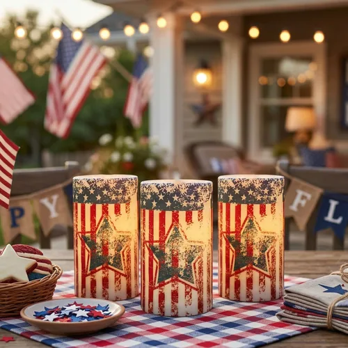Vista 5 de Velas patrióticas del 4 de julio operadas por batería con temporizador y control remoto para decoraciones del Día de la Independencia Americana