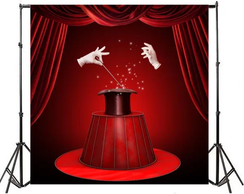 Vista 4 de Yeele Fondo de espectáculo mágico de 10 x 10 pies para fotografía, cortina roja de circo, guantes blancos, sombrero negro, fondo de teatro, mago