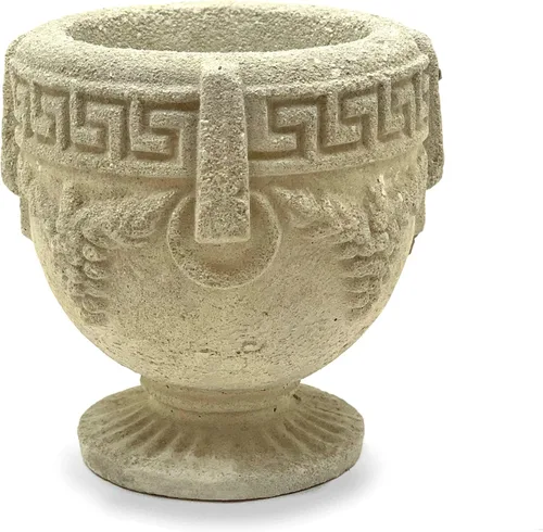 Vista 3 de URN griega vintage: maceta de piedra sólida y duradera con detalles desgastados. Perfecta para diseño de interiores y exteriores segura hecha a mano