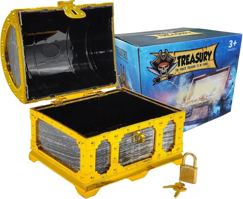 Vista 3 de Cofre del tesoro pirata para niños, caja de almacenamiento de plástico con borde dorado con cerradura y llave para juegos de caza para niños, fiesta