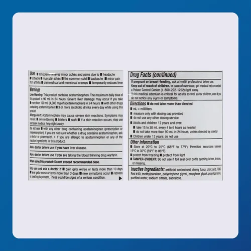 Vista 5 de MAJOR Acetaminofeno líquido extra fuerte para adultos, 500 mg, ayuda a aliviar el dolor y reducir la fiebre, sin aspirina, sabor a cereza, 8 onzas