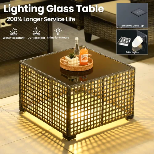 Vista 2 de ovios Juego de muebles de patio de 4 piezas con sofá de exterior, luces solares, mesa, cojines cómodos, sofá de conversación de mimbre de ratán