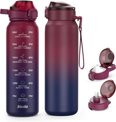 Vista 10 de SLUXKE Botella de agua aislada de acero inoxidable de 32 onzas con asa, botella aislada de doble pared de 1 litro con marcador de tiempo libre