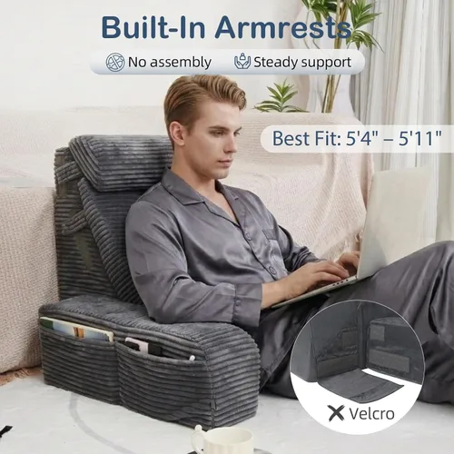 Vista 3 de Vekkia - Almohada de lectura ajustable y almohada trasera con respaldo – Espuma multi-densidad zonificada para soporte específico, bolsillos