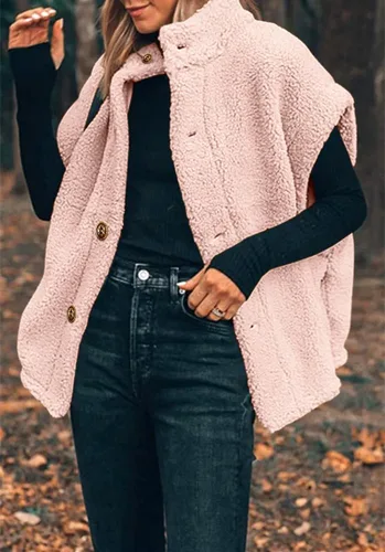 Vista 18 de Hongqizo - Chaleco de forro polar mullido para mujer, casual, de gran tamaño, cálido, con botones, chaqueta de sherpa con bolsillos