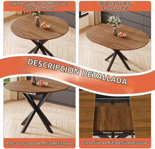 Vista 4 de Juego de mesa de comedor redonda para 6, juego de mesa de comedor extensible de 43-59 pulgadas, mesa de grano de madera de nogal y 6 sillas Marrón