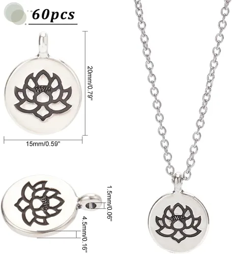 Vista 3 de PH PandaHall 60 dijes de flores de loto, de aleación tibetana de plata antigua, dijes florales planos, dijes de cuentas de metal para pulseras