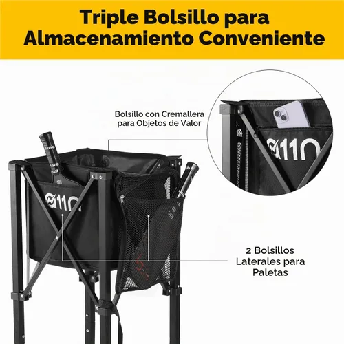 Vista 4 de A11N SPORTS Pickleball & Tennis Ball Hopper with Wheels, Foldable Cart Negro