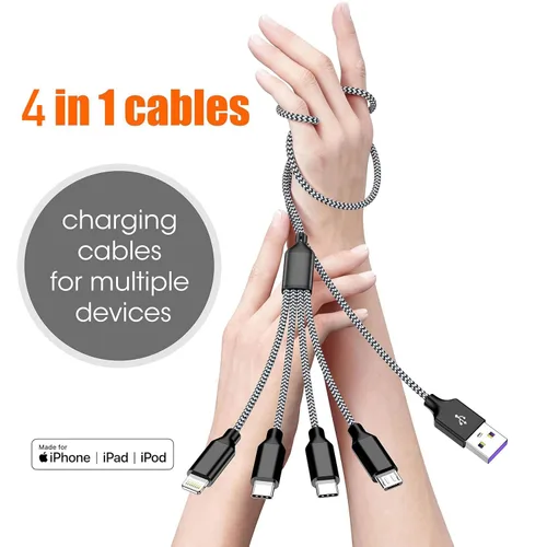Vista 8 de Doub Tyep-C - Cable de carga múltiple 4 en 1 de 4 pies, cable de carga de nailon trenzado Lightning para iPhone, cable de carga universal con tipo