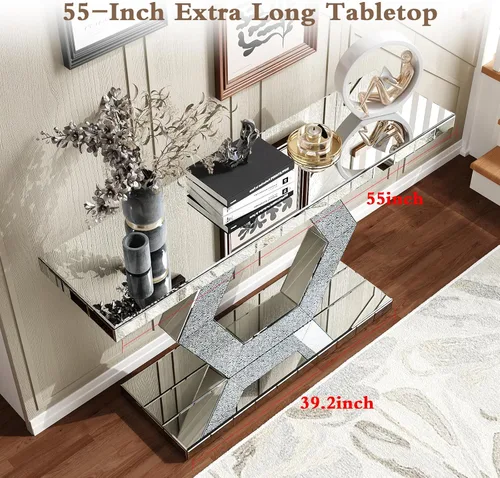 Vista 5 de Mesa consola con espejo de 55 pulgadas, mesa larga para sofá de sala de estar, oficina, detalles de cristal de diseño hexagonal, moderno escritorio