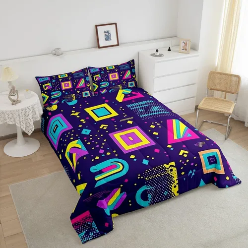 Vista 2 de Juego de edredón de estilo retro de los años 80, juego de ropa de cama de patrón geométrico abstracto, diseño urbano moderno con círculos