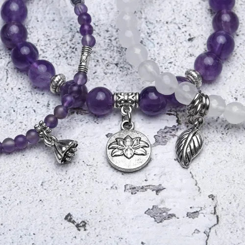 Vista 2 de Jovivi - 3 pulseras de cuentas de cristal de cuarzo rosa amatista para chakras, energía natural de curación, cuentas de loto, piedra reiki