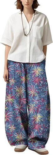 Vista 3 de Womens Wide Leg Firework Pattern Pants High Waist Cotton Blend Lantern Trousers Casual Summer Loungewear
