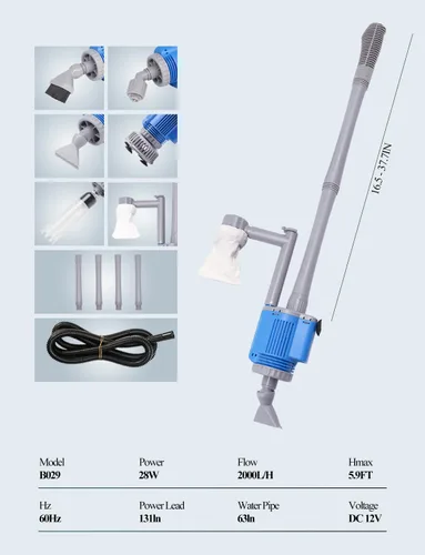 Vista 4 de boxtech Limpiador eléctrico de acuario mejorado, 12 V CC/28 W, kit de limpieza de grava para pecera, 6 en 1, filtro de agua y arena de lavado