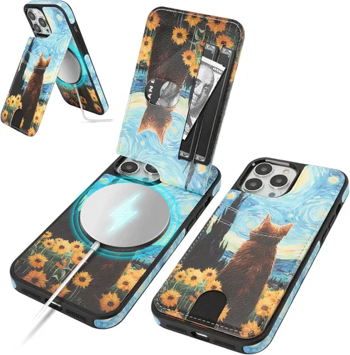 Vista 10 de SkyEagle Funda compatible con Magsafe para iPhone 13 Pro Max con soporte para tarjetas, función atril, bloqueo RFID, ranuras para tarjetas de Verde