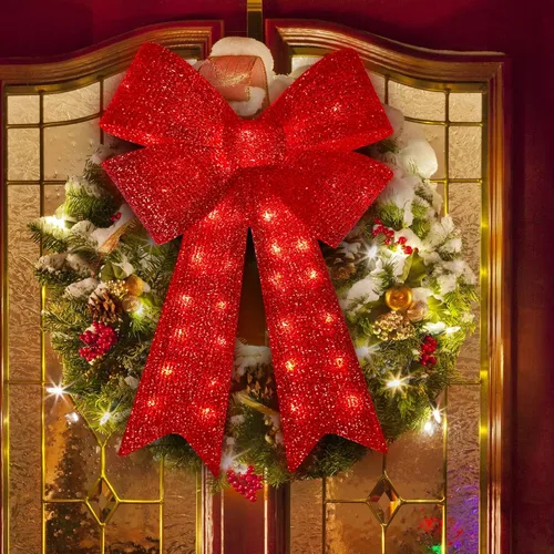 Vista 3 de Arcos de Navidad de 32 pulgadas con 72 luces LED rojas parpadeantes, decoración de árbol de Navidad con luces LED, arco de corona de luz superior