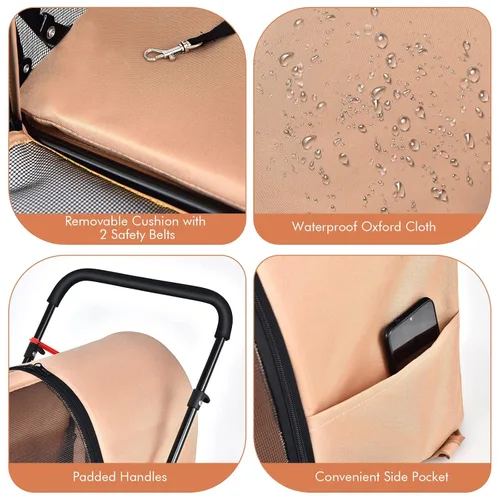 Vista 7 de Giantex Cochecito doble para mascotas con 2 bolsas de transporte desmontables, cinturón de seguridad, 4 ruedas con bloqueo, cochecito plegable
