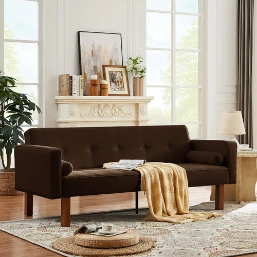 Vista 3 de Sofá cama de tela moderna, sofá cama convertible con 2 almohadas y reposabrazos, sofá reclinable plegable de 75 pulgadas con patas de madera maciza