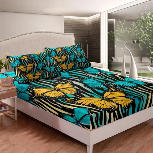 Vista 2 de Erosebridal Sábana bajera ajustable de mariposa azul, tamaño individual, sábanas estéticas de mariposas voladoras para niños, juegos de ropa de cama