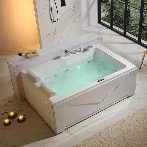 Vista 9 de Bañera de hidromasaje de 67 pulgadas con cromoterapia curativa, bañera de hidromasaje con calentador, bañera de hidromasaje calmante con cascada Joy
