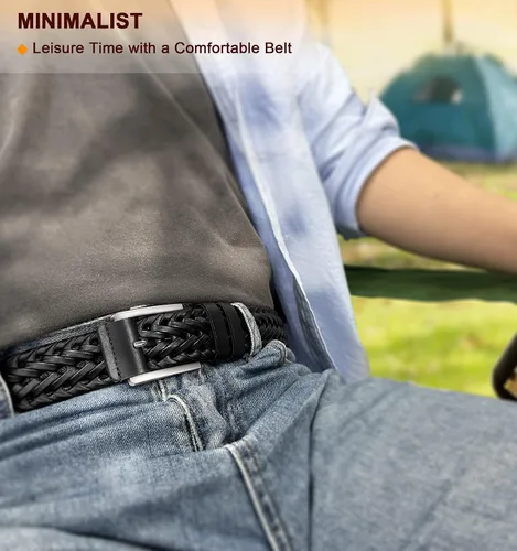 Vista 8 de KEMISANT Cinturón para hombre, paquete de 2 unidades, cinturón de cuero trenzado tejido para regalo, pantalones de golf casuales para hombres