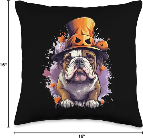 Vista 4 de Bulldog Halloween Dog Pumpkin Costume Cojín de Halloween con diseño de calabaza y perro de Bulldog Inglés, 16 x 16 pulgadas, multicolor