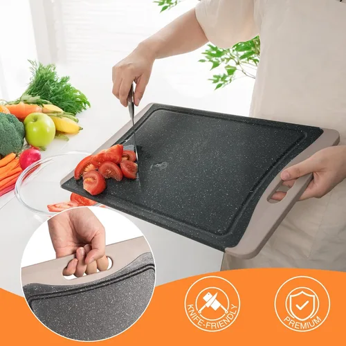 Vista 3 de Tablas de cortar extra grandes, tablas de cortar de plástico para cocina (juego de 3) tabla de cortar para lavavajillas con ranuras para jugos, asas