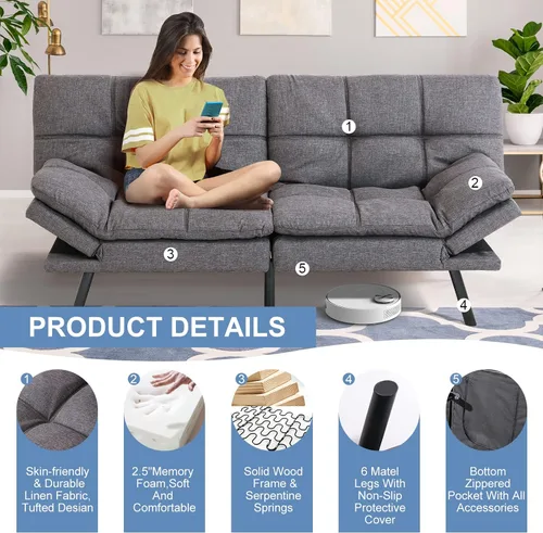 Vista 4 de MUUEGM Sofá cama tipo futón convertible, sofá biplaza moderno de espuma viscoelástica, sofá pequeño con reposabrazos ajustables, respaldos para sala