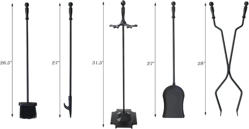 Vista 10 de Juego de herramientas de chimenea de hierro forjado negro, 5 piezas, para estufa de leña, pinzas de tronco, accesorios de chimenea de alta