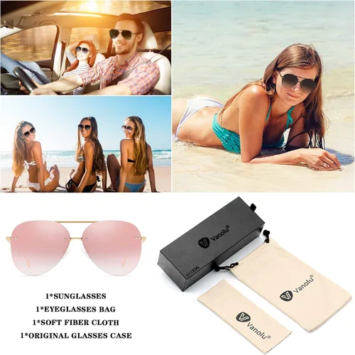 Vista 6 de Gafas de sol retro sin montura para mujer, estilo aviador, gafas de sol clásicas de gran