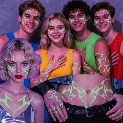 Vista 8 de 12 tatuajes temporales morados que brillan en la oscuridad, tatuajes falsos de baile para cosplay, Halloween, festival de música, maquillaje