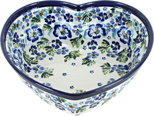 Vista 7 de Cerámica polaca de rosas azules, cuenco grande con forma de corazón de tulipán azul, 8.5 pulgadas de diámetro, regalo decorativo para bodas
