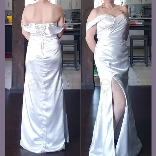 Vista 2 de Vestidos de fiesta de sirena con hombros descubiertos para mujer, vestidos formales de satén para fiesta de noche, vestidos de dama de honor