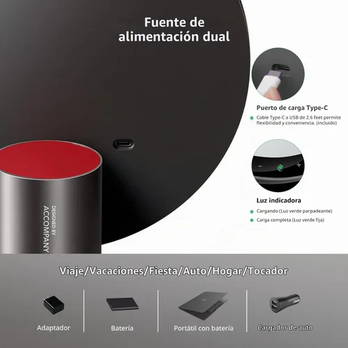 Vista 4 de AMIRO Espejo de maquillaje iluminado de 9" con sensor inteligente y control táctil, 3 colores y 6 niveles de brillo, recargable e inalámbrico Negro