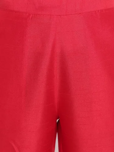 Vista 7 de Janasya Kurta de seda de poliéster rojo indio con pantalón y dupatta para mujer