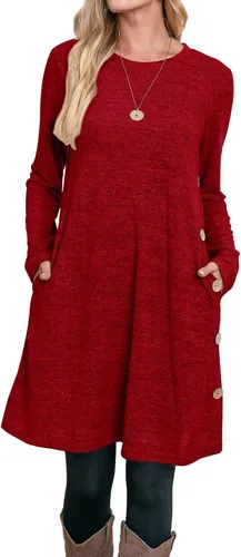 Vista 3 de OFEEFAN - Vestido de invierno con manga larga, bolsillos y botones laterales para mujer