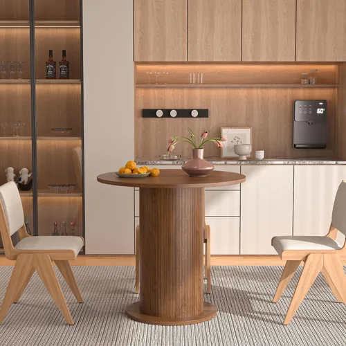 Vista 10 de Mesa de comedor redonda de 59 pulgadas para 6, moderna mesa de cocina de granja, mesas de comedor circulares con base de tira de madera para cocina