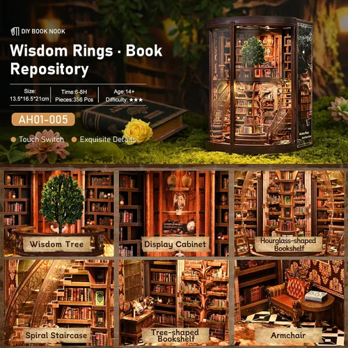 Vista 4 de ACOCO Kit de rincón de libro de biblioteca clásica, rompecabezas de madera 3D con luz LED, decoración de estantería en miniatura, regalo