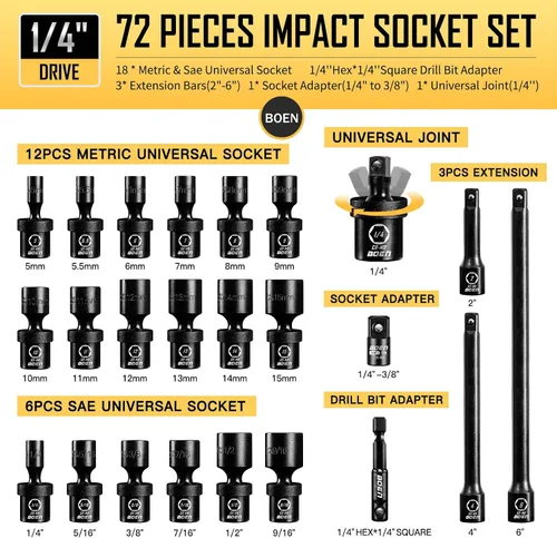 Vista 4 de BOEN Juego de llaves de impacto de 1/4", 72 piezas SAE estándar (3/16-9/16 pulgadas) y tamaño métrico (0.157-0.591 in), juego de llaves giratorias