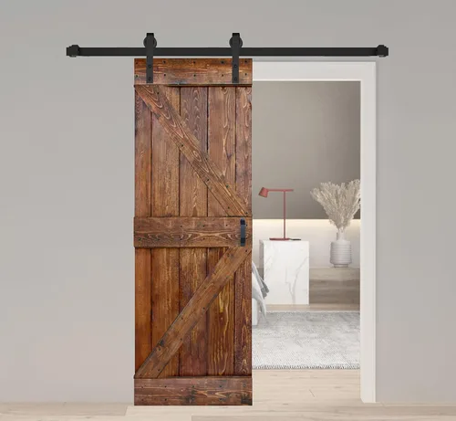 Vista 36 de Serie K. Puerta corredera de granero de madera maciza acabada con kit de herrajes (marrón/nogal, 24 x 84 pulgadas)