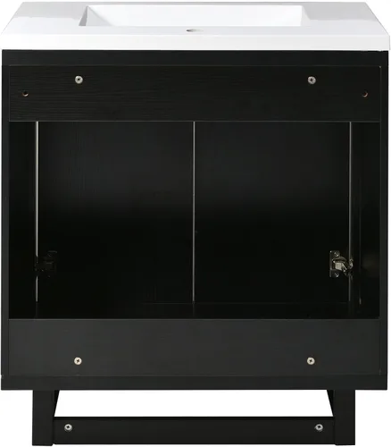Vista 9 de LUMISOL Tocador de baño de 30 pulgadas con lavabo, armario de almacenamiento de baño negro de madera maciza con dos puertas, tocador de baño moderno