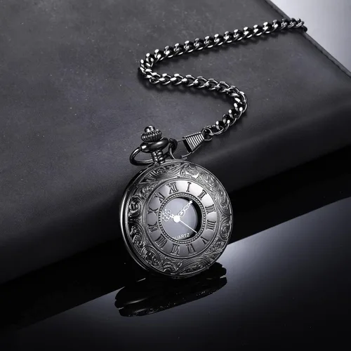 Vista 3 de Hicarer Reloj de bolsillo clásico de cuarzo con escala de números romanos y cinturón de cadena