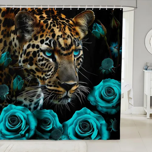 Vista 21 de Cortina de ducha con estampado de leopardo y gato con rosas rojas, 72 pulgadas de ancho x 72 pulgadas de largo, juego de cortina de ducha con flores