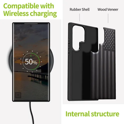 Vista 4 de Carveit Funda de madera para Galaxy S24 Ultra, bandera americana Bandera americana-Madera oscura