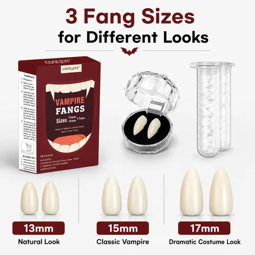 Vista 6 de COOLJOY 3 tamaños de dientes de vampiro con colmillos adhesivos para cosplay de Halloween, dientes falsos blancos de terror, accesorios