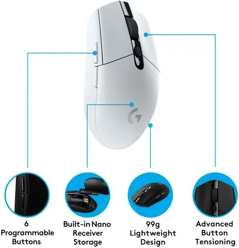 Vista 6 de Logitech G305 Lightspeed - Mouse inalámbrico para juegos, sensor HERO, 12,000 DPI, ligero, 6 botones programables, duración de la batería de 250