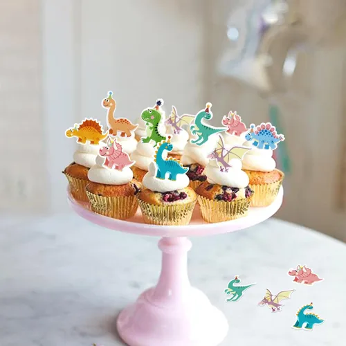 Vista 5 de Ercadio 40 piezas comestibles de dibujos animados de dinosaurios para cupcakes para bebida, decoración de tartas para temática de dinosaurios, baby