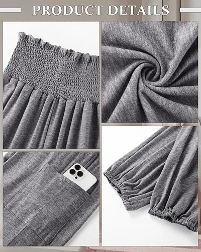 Vista 6 de Locoowai 2 piezas de pantalones de harén para mujer, pantalones de yoga con cintura fruncida, pantalones hippie, ropa bohemia con bolsillos