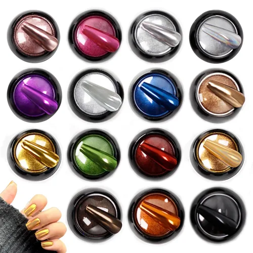 Vista 13 de Polvos holográficos de espejo para uñas, efecto dorado cromado, lentejuelas de polvo metálico puro, gel UV, pigmento de polvo cromado negro